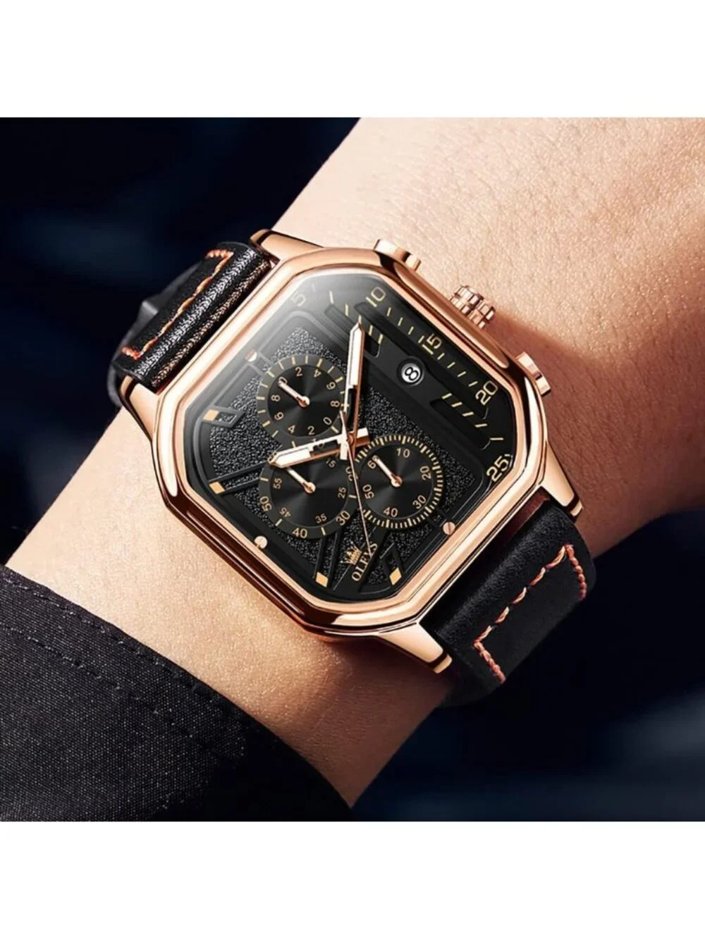 Men's Black Quartz Leather Strap Waterproof Casual Square Dial Date Wrist Watch